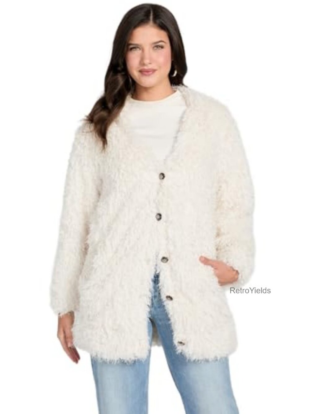 Faux Fur V Neck Button Front Fuzzy Cardigan Jacket